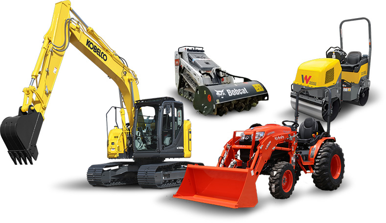 A collage of heavy construction equipment, including an excavator, a tractor, a steamroller, and a tiller attachment mounted on a compact loader. Quality Turf.