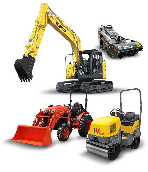 A collage of heavy construction equipment, including an excavator, a tractor, a steamroller, and a tiller attachment mounted on a compact loader. Quality Turf.