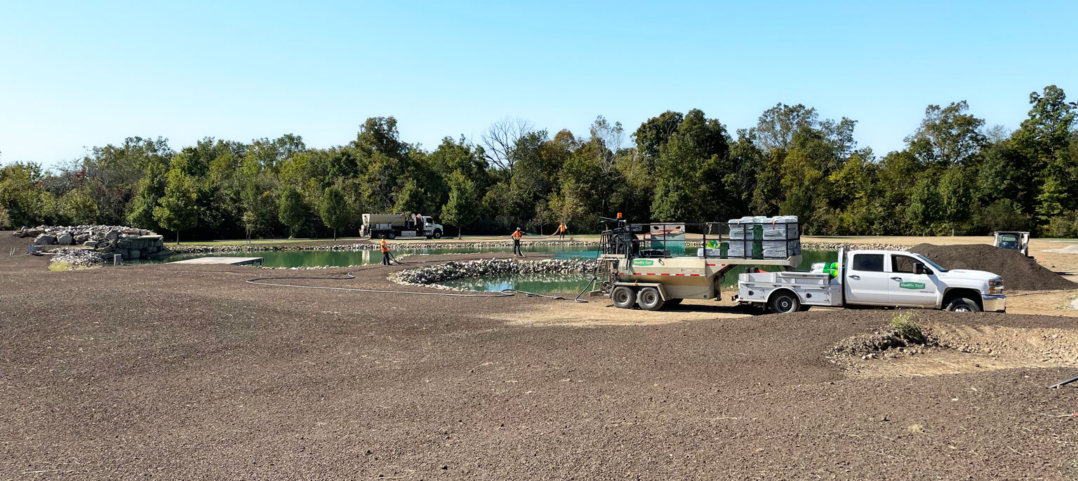 Residential hydroseeding and topsoil installation for a new lawn in Amherstburg, Ontario by Quality Turf.