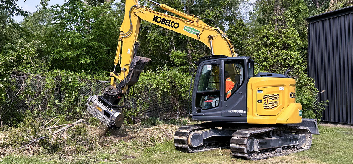 Commercial forestry mulching and brush clearing for a ditch line at Teppermans in Windsor, Ontario.