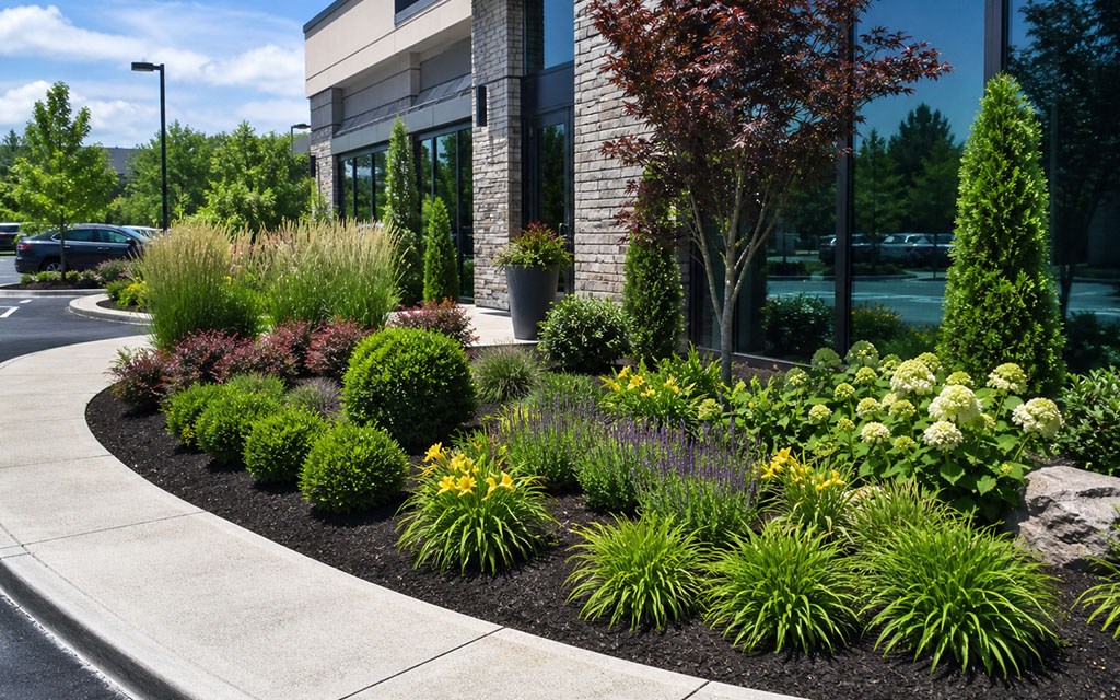 Professional commercial landscape bed installation with lush shrubs and perennials to enhance business curb appeal.