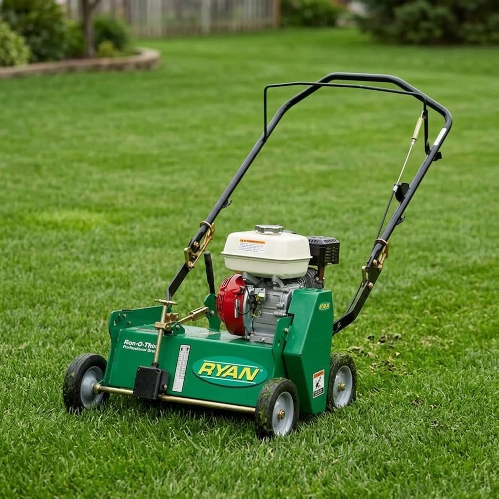 A professional green Ryan power dethatcher machine sitting on thick green grass.