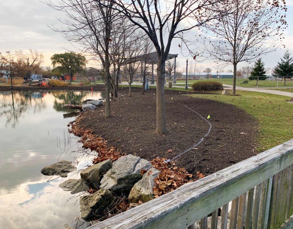 Shoreline naturalization and landscape bed preparation at Belle River Marina in Lakeshore, Ontario.